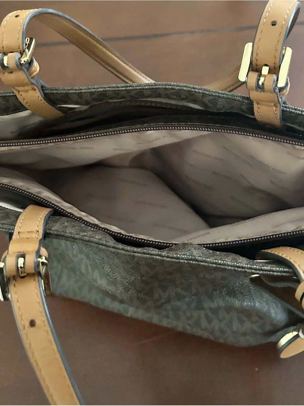 Michael Kors Brown Logo Tote with Tan Leather Handles